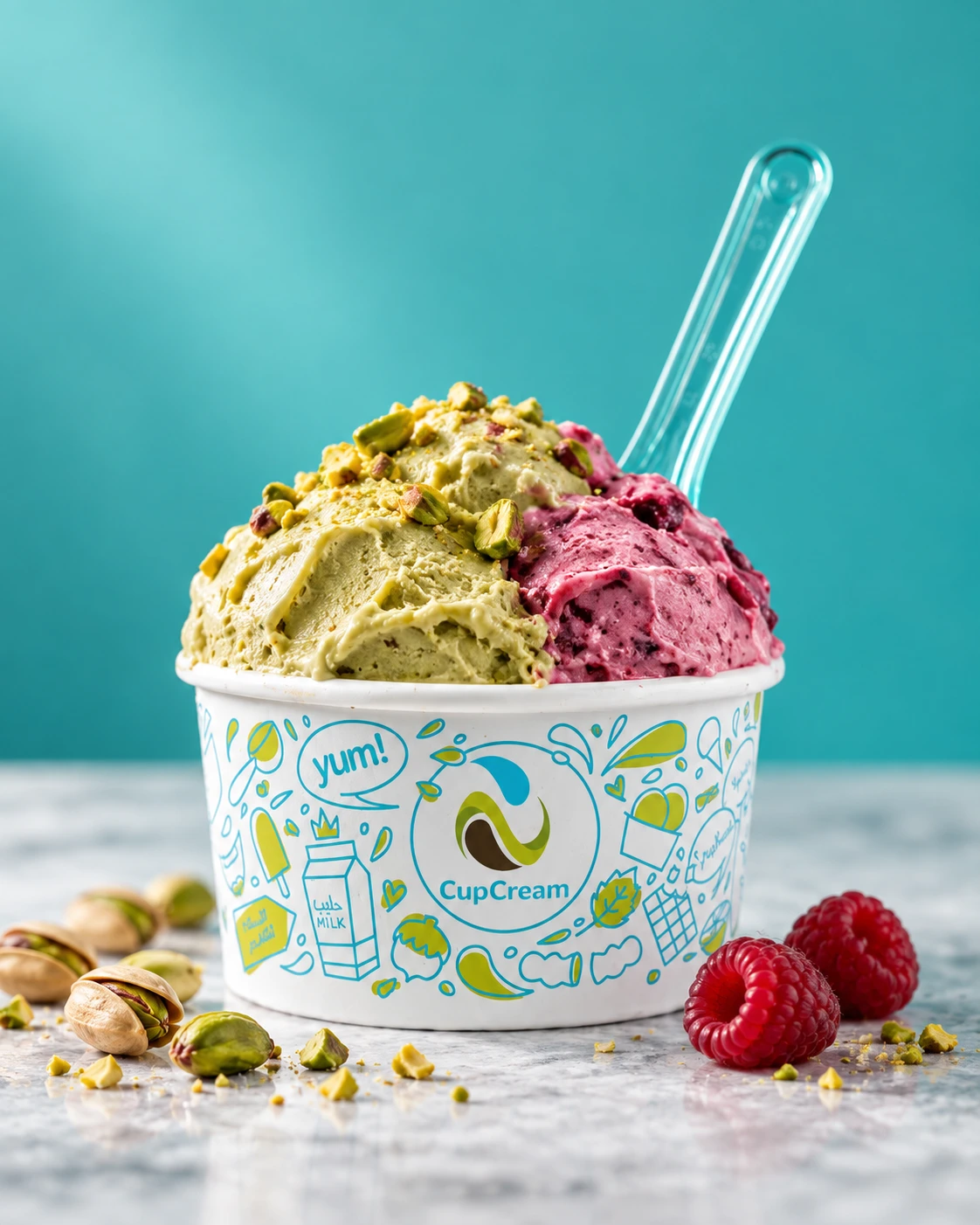 صورة توضيحية لكوب CupCream الأصلي المزخرف بجيـلاتو الفستق والتوت