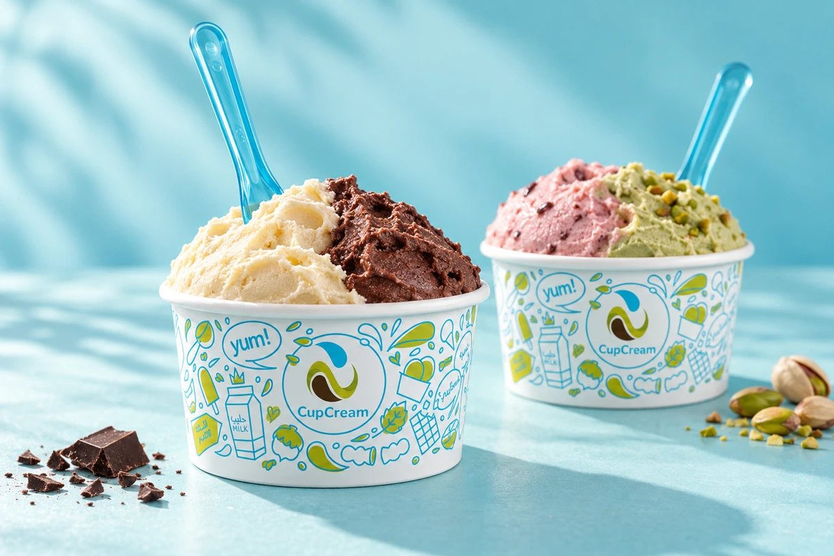صورة توضيحية لأكواب CupCream المزخرفة بنكهات الجيلاتو